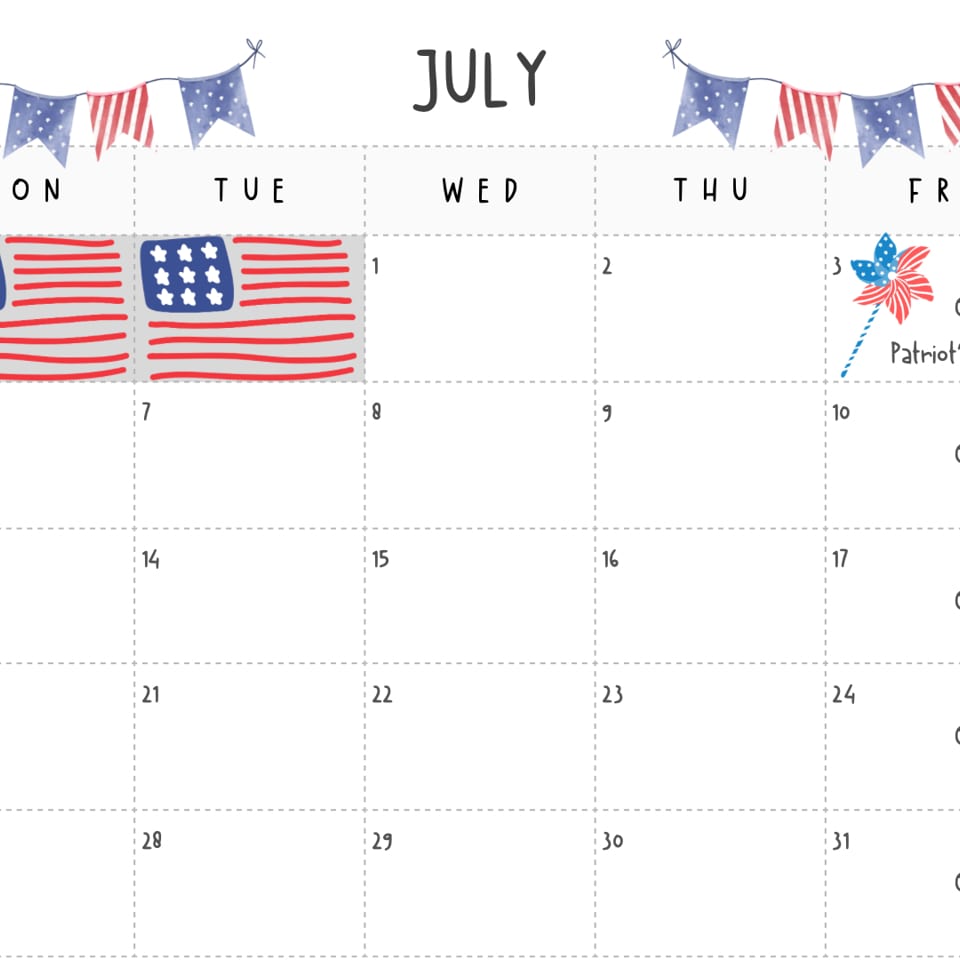 A July 2026 calendar with patriotic decorations and event listings for a restaurant.