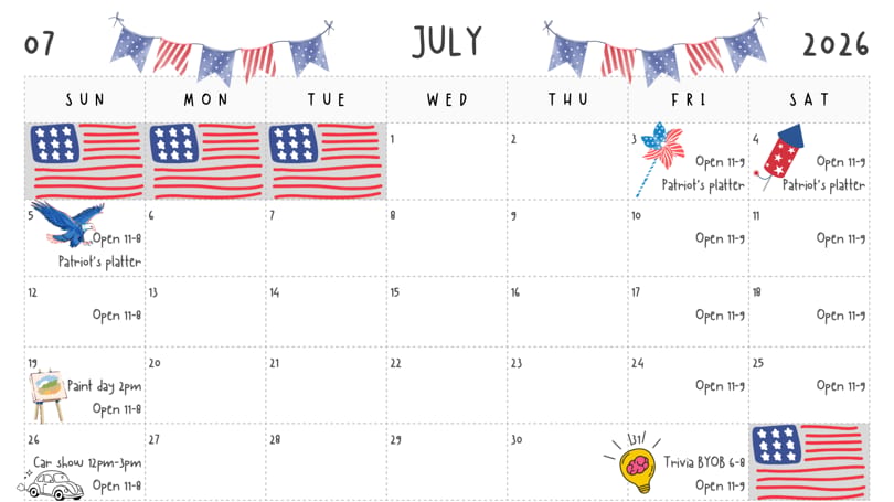 A July 2026 calendar with patriotic decorations and events like a car show and paint day.