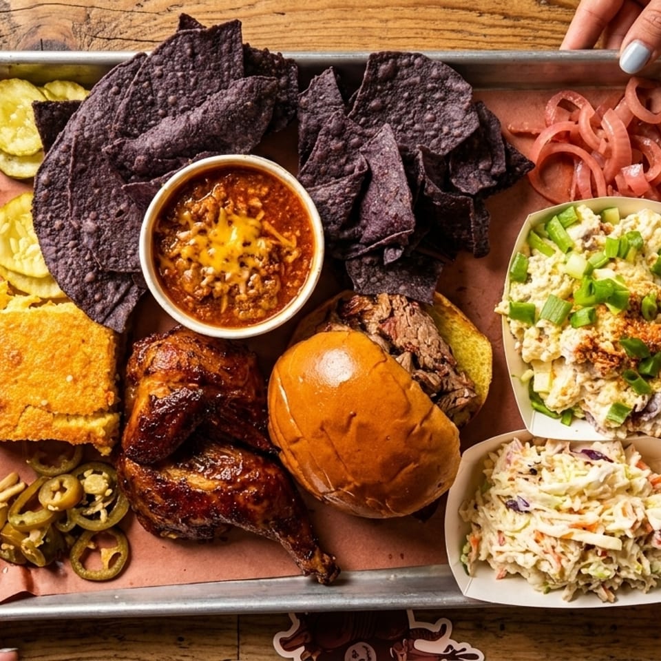 Hands holding a tray of BBQ chicken, brisket sandwich, chili, cornbread, coleslaw, and pickles.