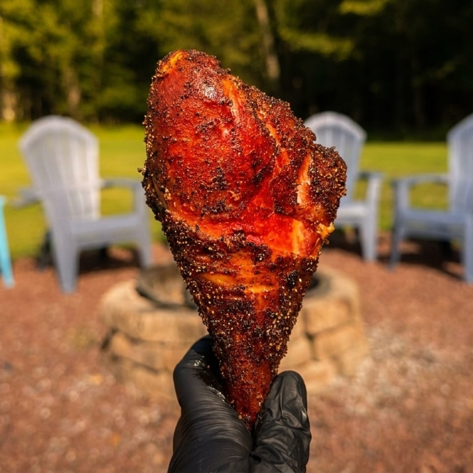 Gloved hand holding a large, seasoned turkey leg outdoors with a fire pit and chairs in the background.