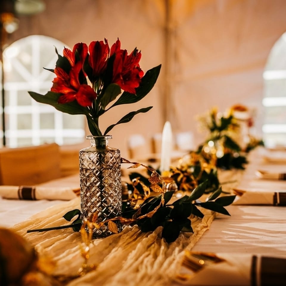A long dining table set with red flowers, gold accents, and white napkins in a warm-lit tent.
