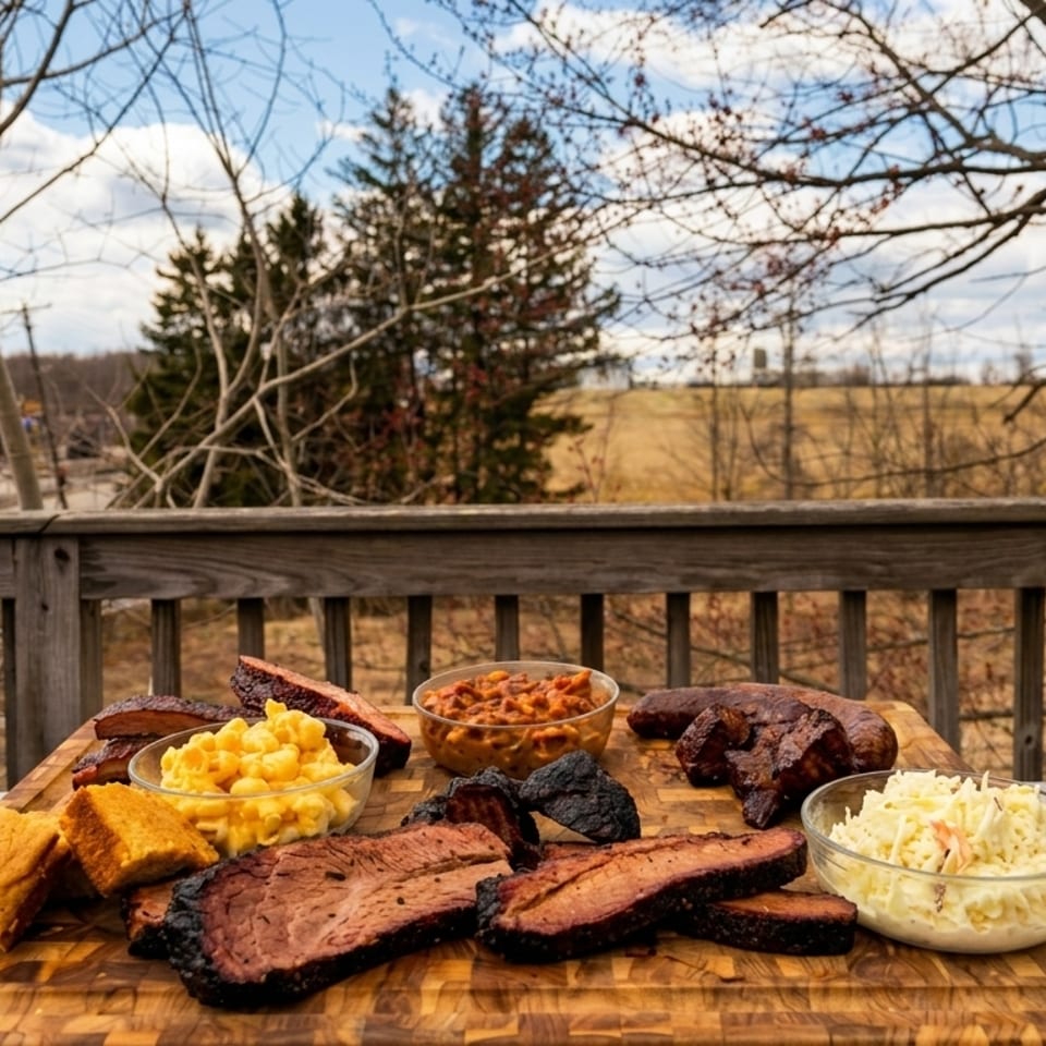 Barbecue feast with brisket, ribs, mac and cheese, baked beans, and coleslaw on a deck.
