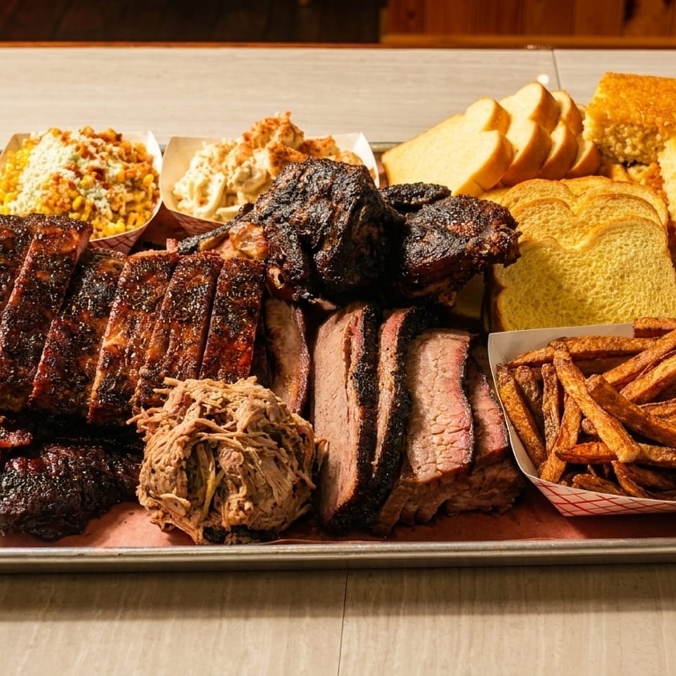 A large metal tray filled with various barbecue meats, sides, bread, and cornbread.